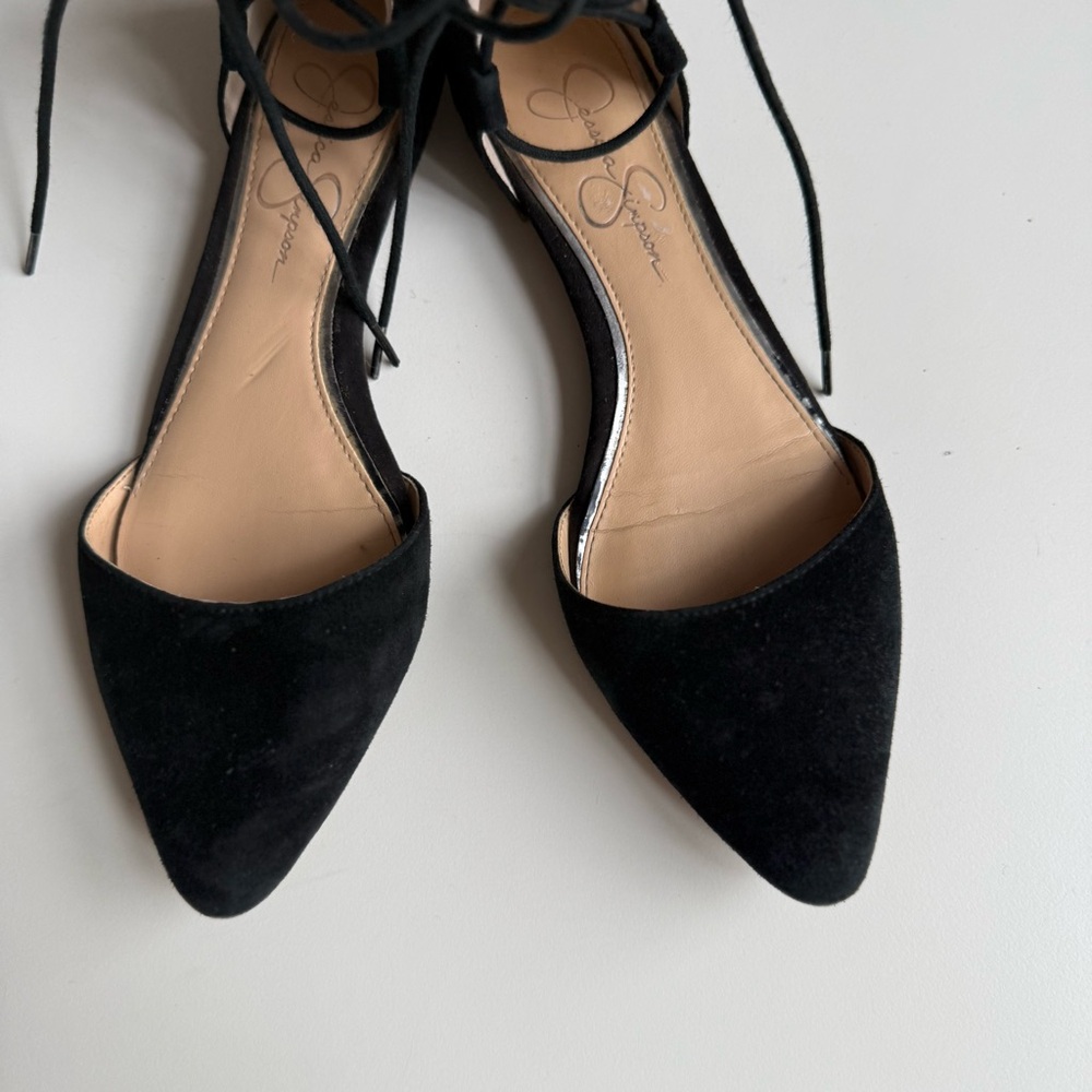 Jessica Simpson Suede Black Lace-Up Flats Size US 7,5 EU 37,5 Ankle Tie - Picture 12 of 14